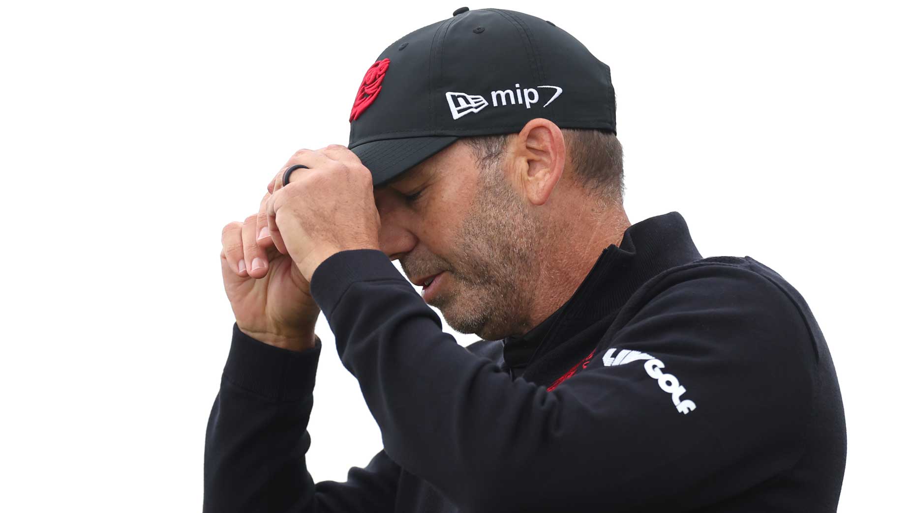Sergio Garcia puts his hands on his hat at West Lancashire.