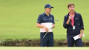 Jordan Spieth talks with Smylie Kaufman at the PGA Championship.