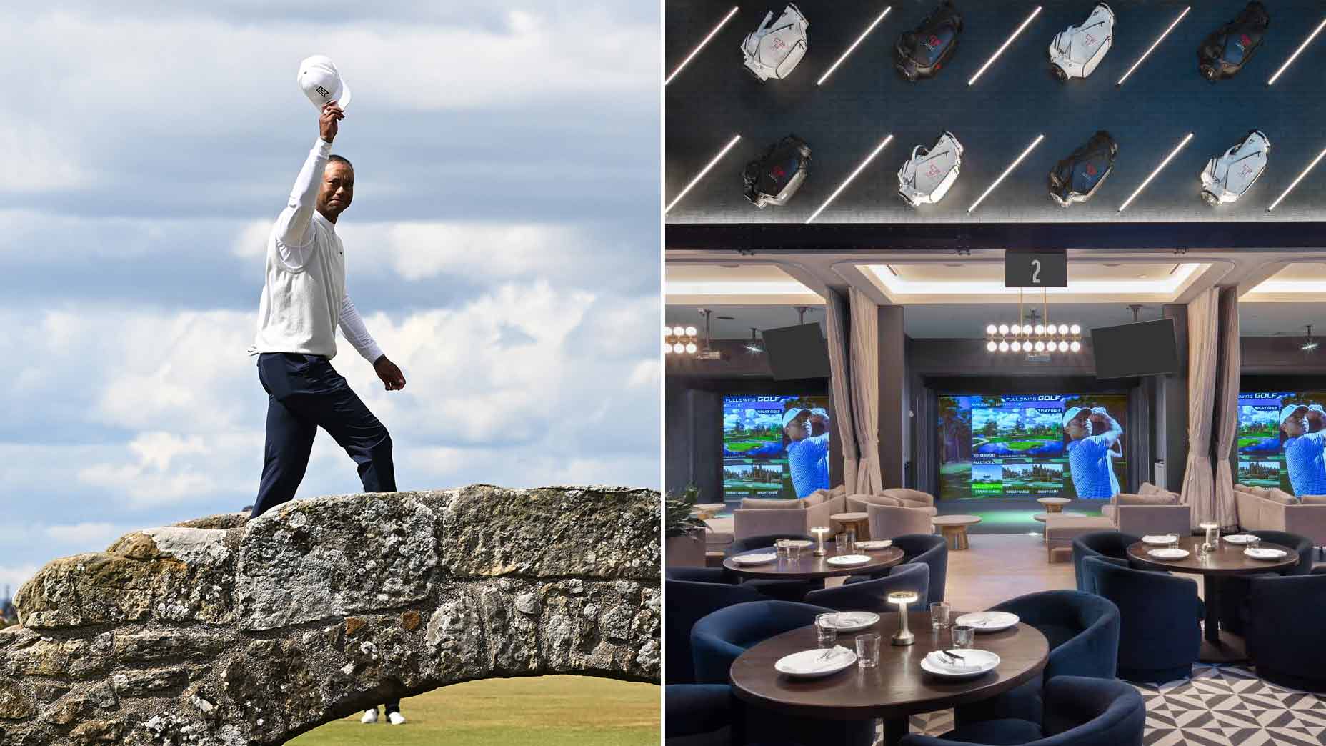 A split image of Tiger Woods at St. Andrews and T-Squared social in NYC.