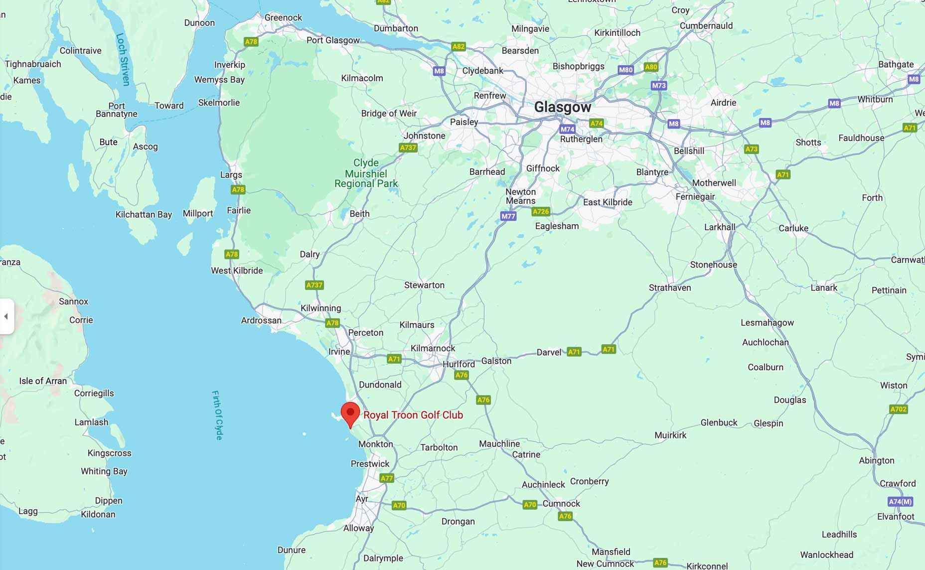 A map of Troon's location in Scotland.