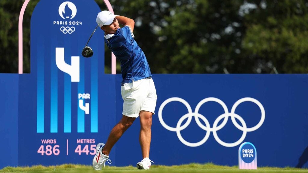 Collin Morikawa hits a shot during a practice round prior to the start of the men's Olympic Golf competition.