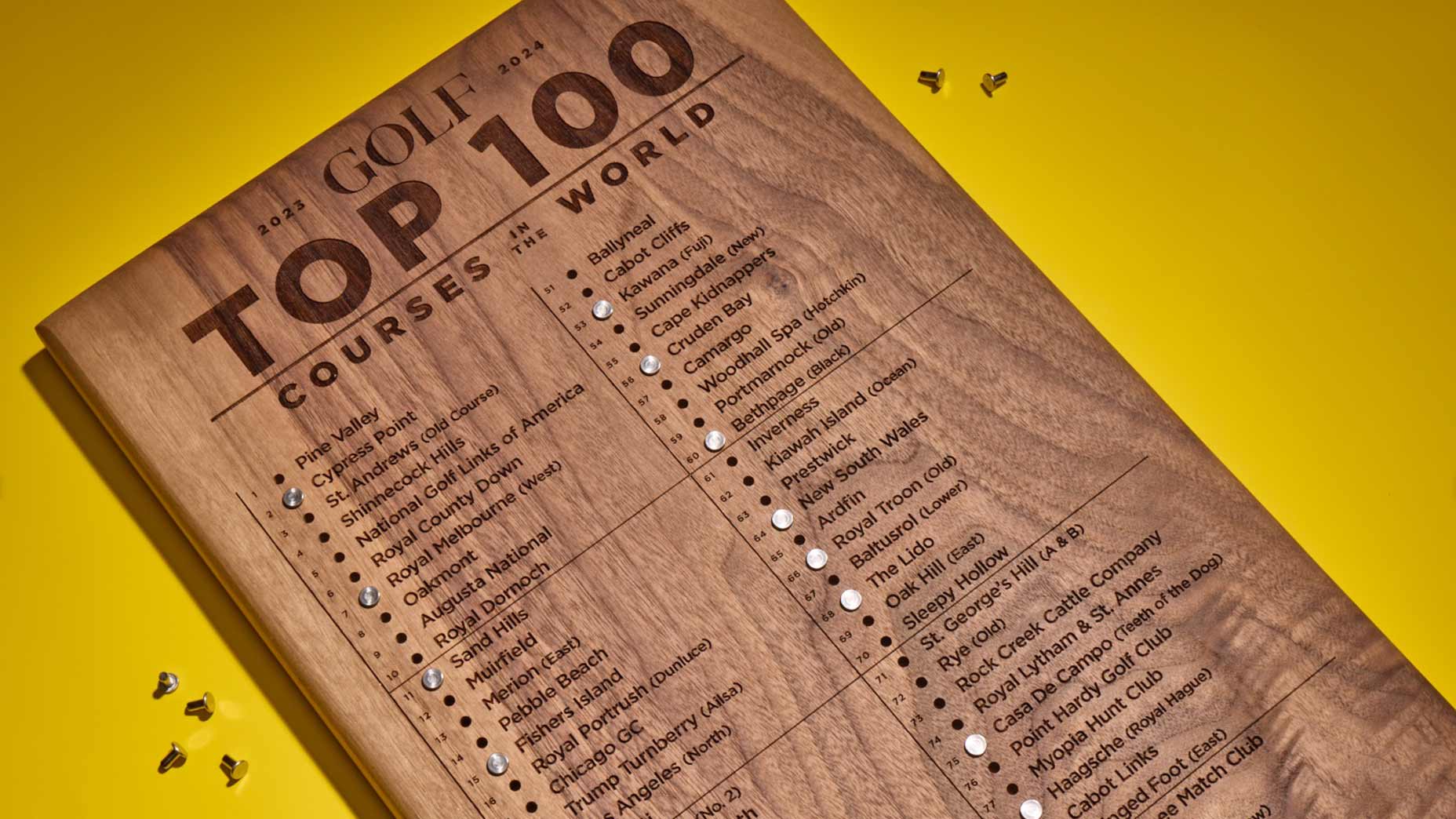 GOLF Top 100 Course pegboard pictured against yellow background