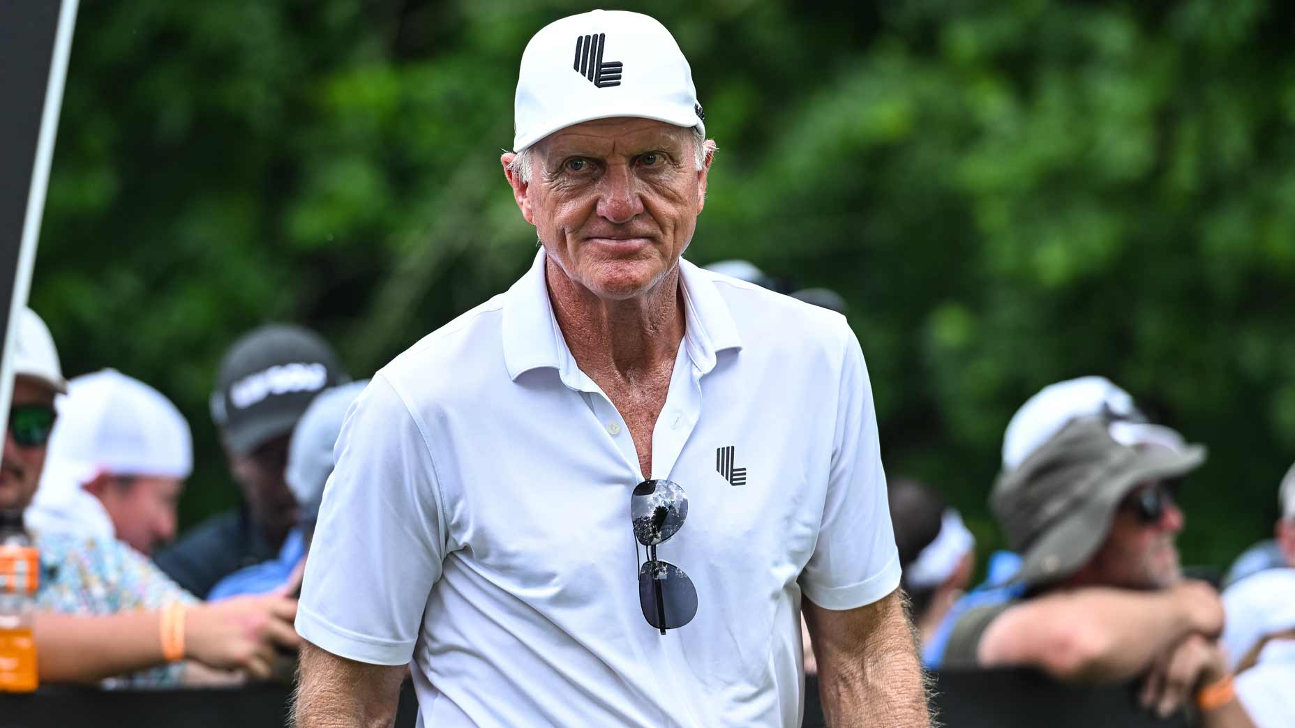 LIV CEO Greg Norman looks into camera at 2024 LIV event