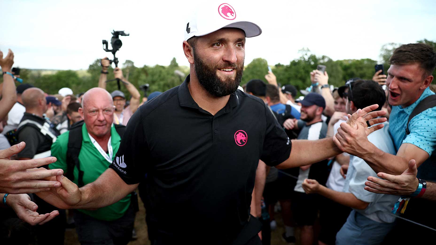 Jon Rahm reacts after winning the LIV Golf event in Rocester, central England, on July 28, 2024.