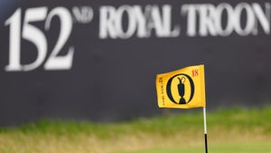 A yellow Open flag on at Royal Troon during 2024 Open Championship