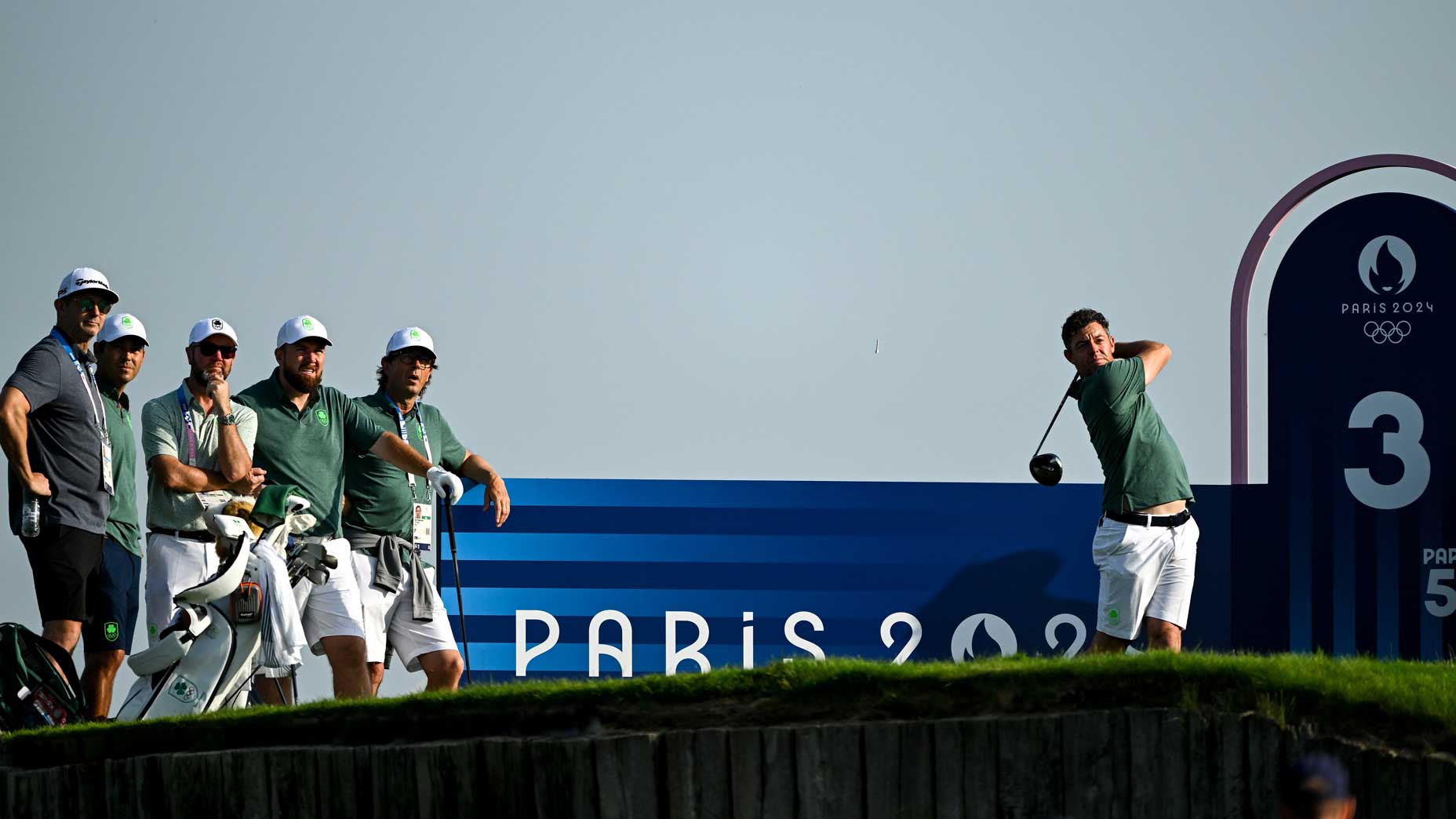 rory mcilroy hits shot during practice at 2024 Olympics