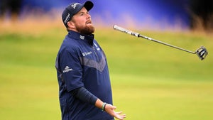 shane lowry tosses his putter during the third round of the 2024 open championship