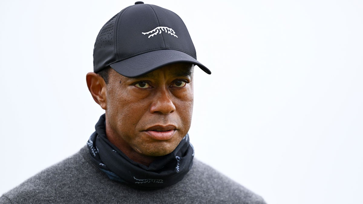 Tiger Woods of the United States watches the first day of The 152nd Open Championship at Royal Troon on July 18, 2024 in Troon, Scotland.