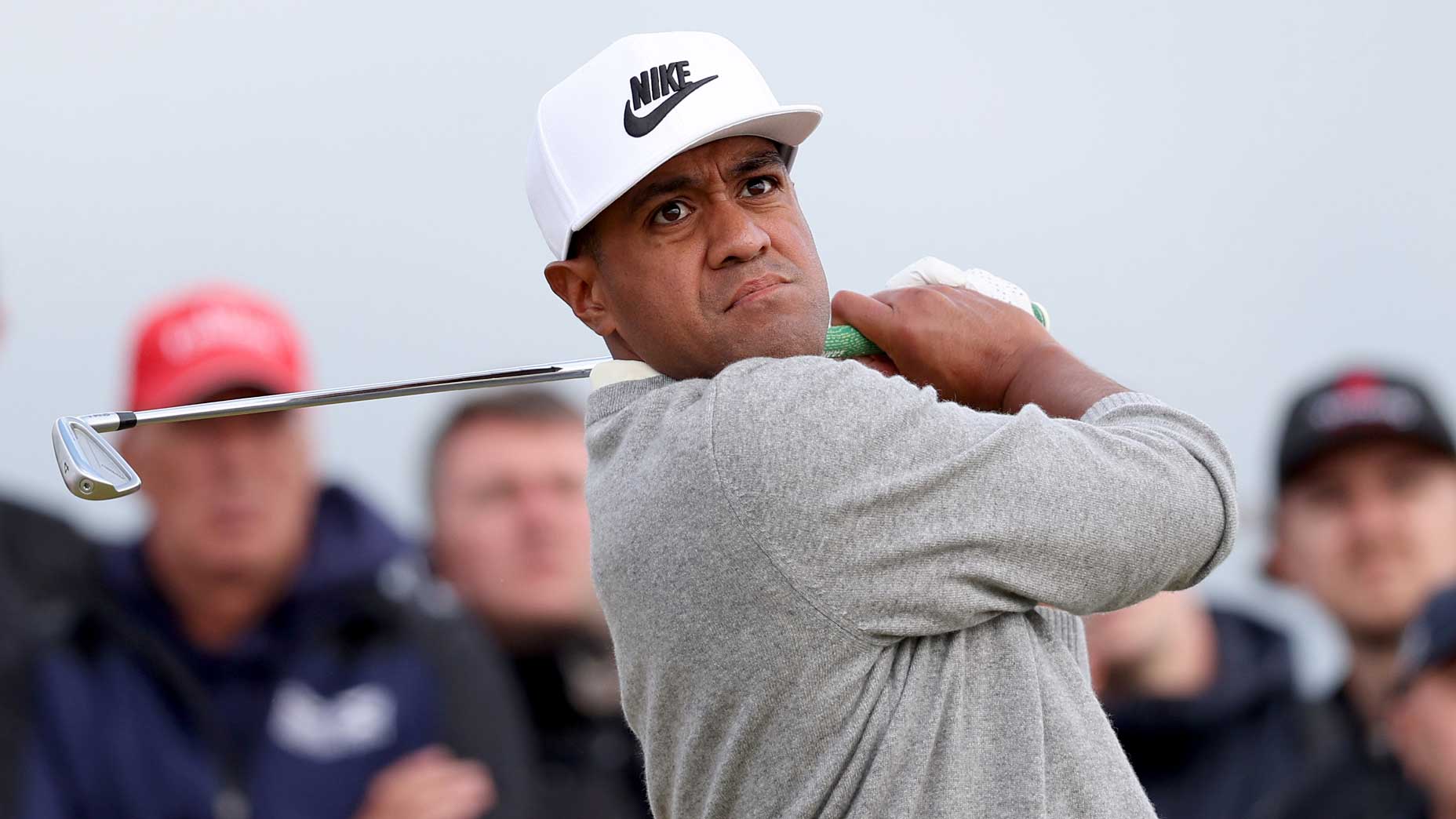 Pro golfer Tony Finau hits drive at 2024 Open Championship