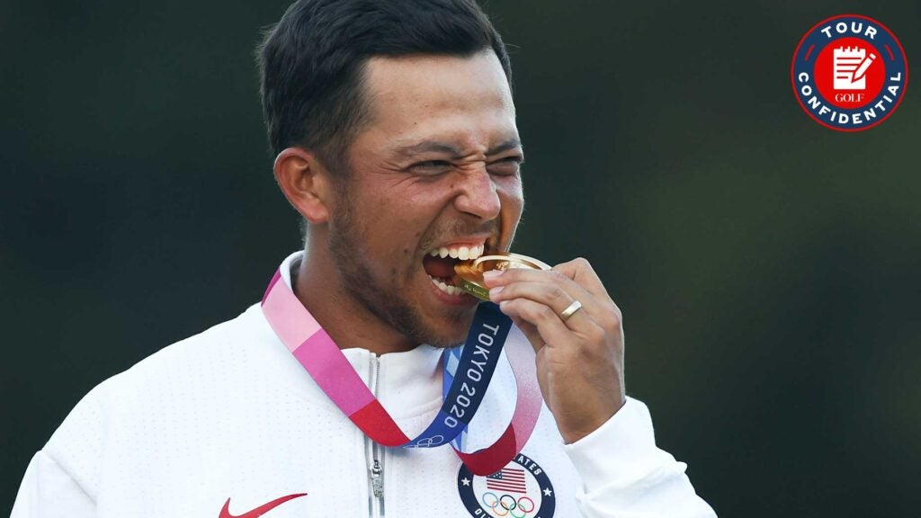 Xander Schauffele with his gold medal from the Olympics.