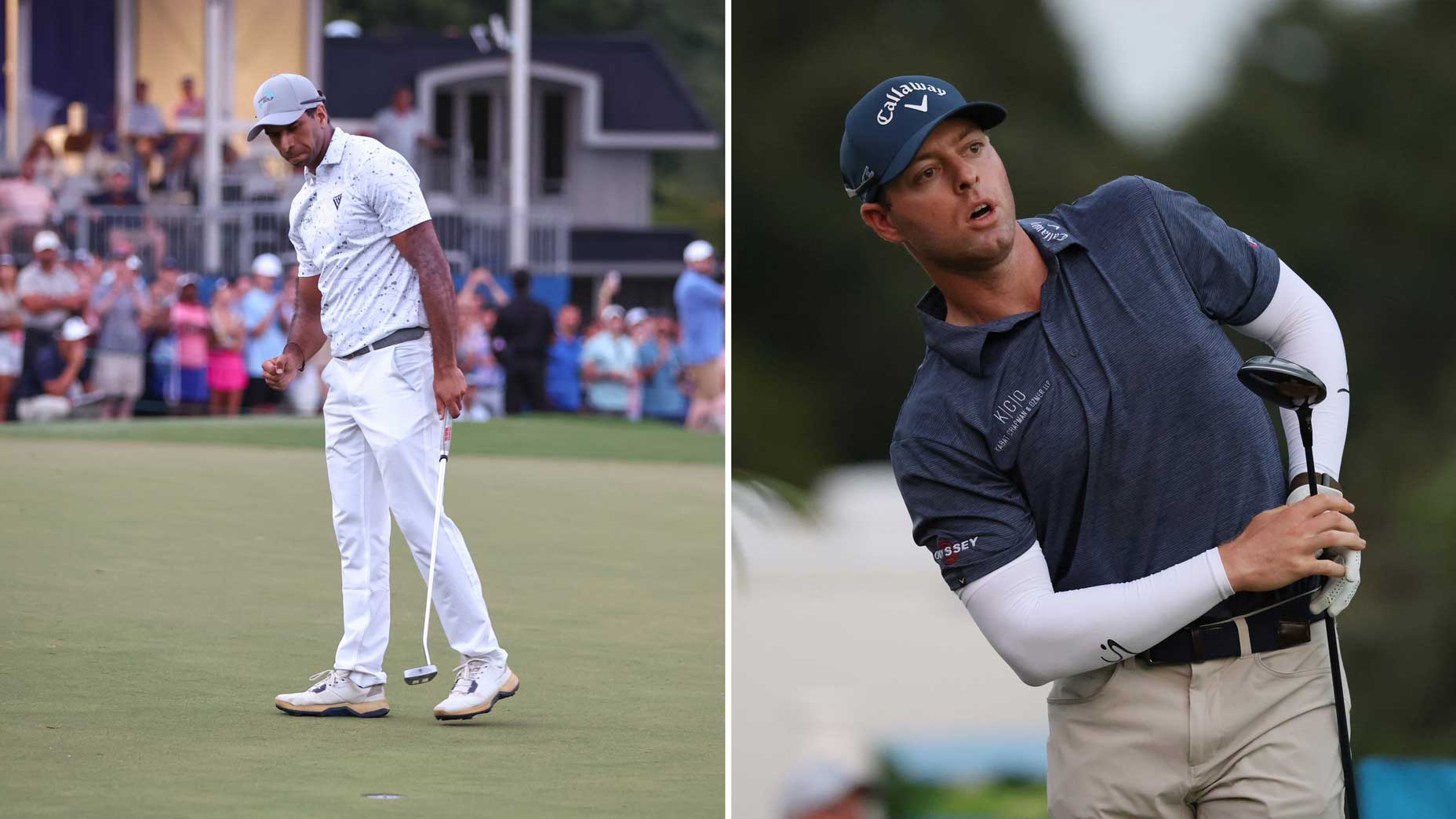 A split picture of Aaron Rai and Max Greyserman at the Wyndham Championship.