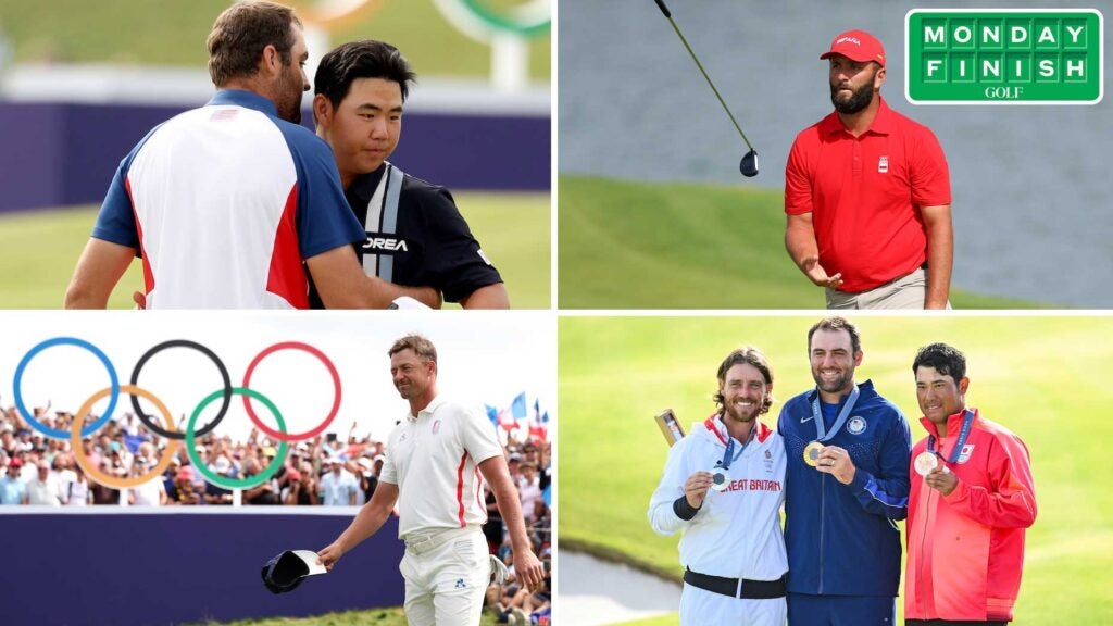 Scottie Scheffler and Tom Kim, Jon Rahm, the three medal-winners and France's own Victor Perez (clockwise from top left).
