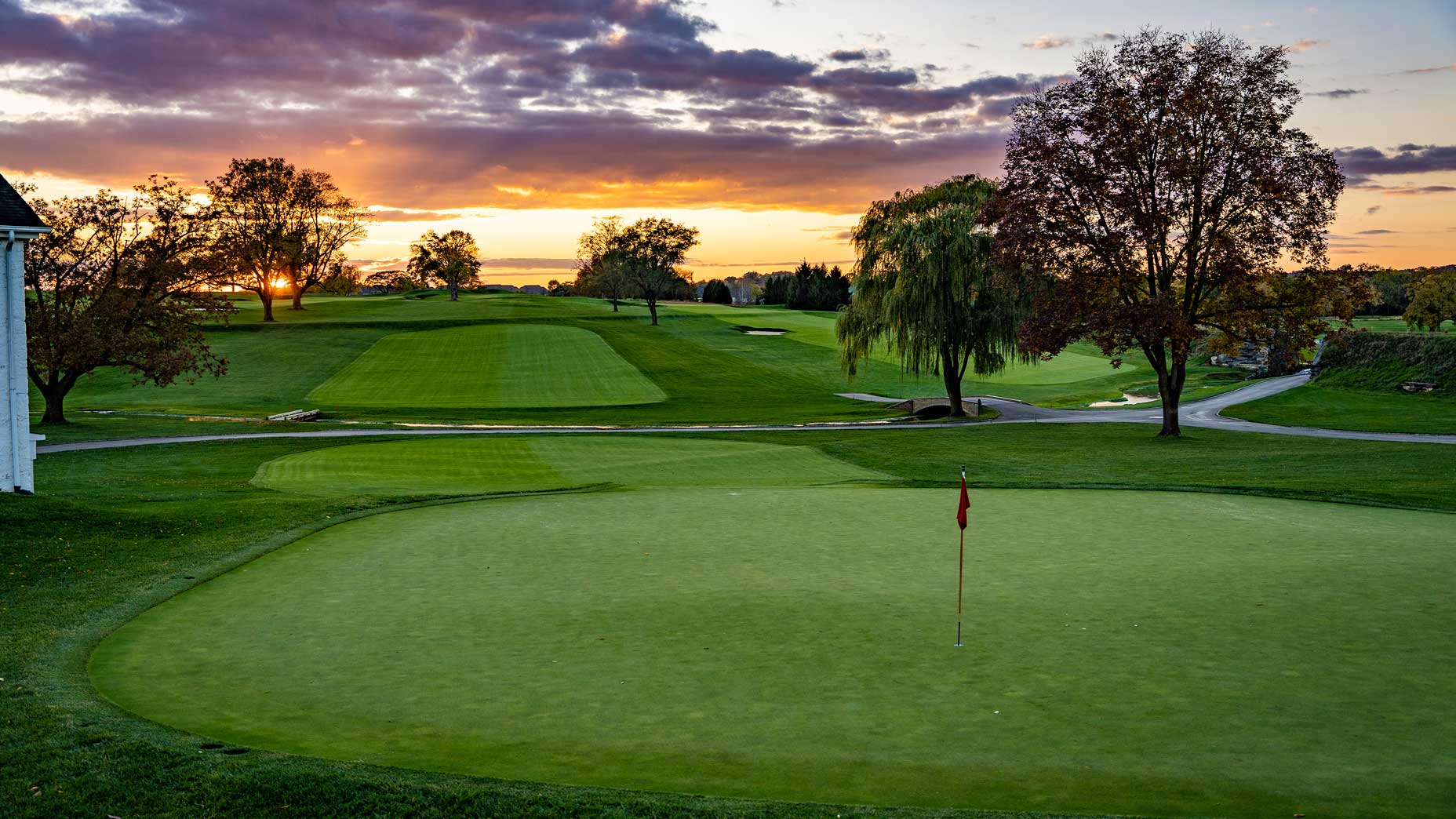 Sunset photo of the 2nd green of the Philadelphia Cricket Club's Wissahickon Course