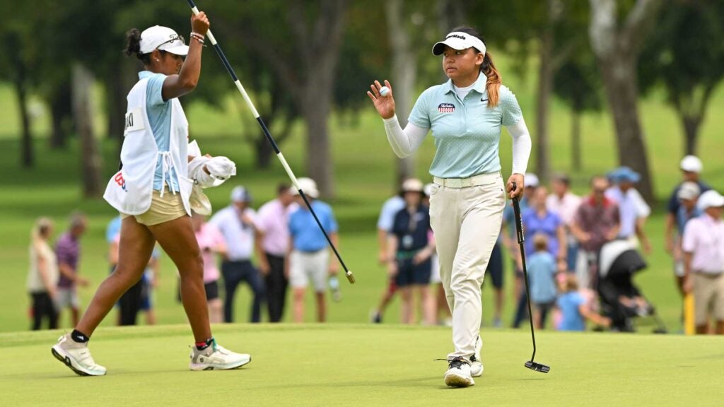 Rianne Mikhaela Malixi reacts after making a putt at the U.S. Women's Amateur.