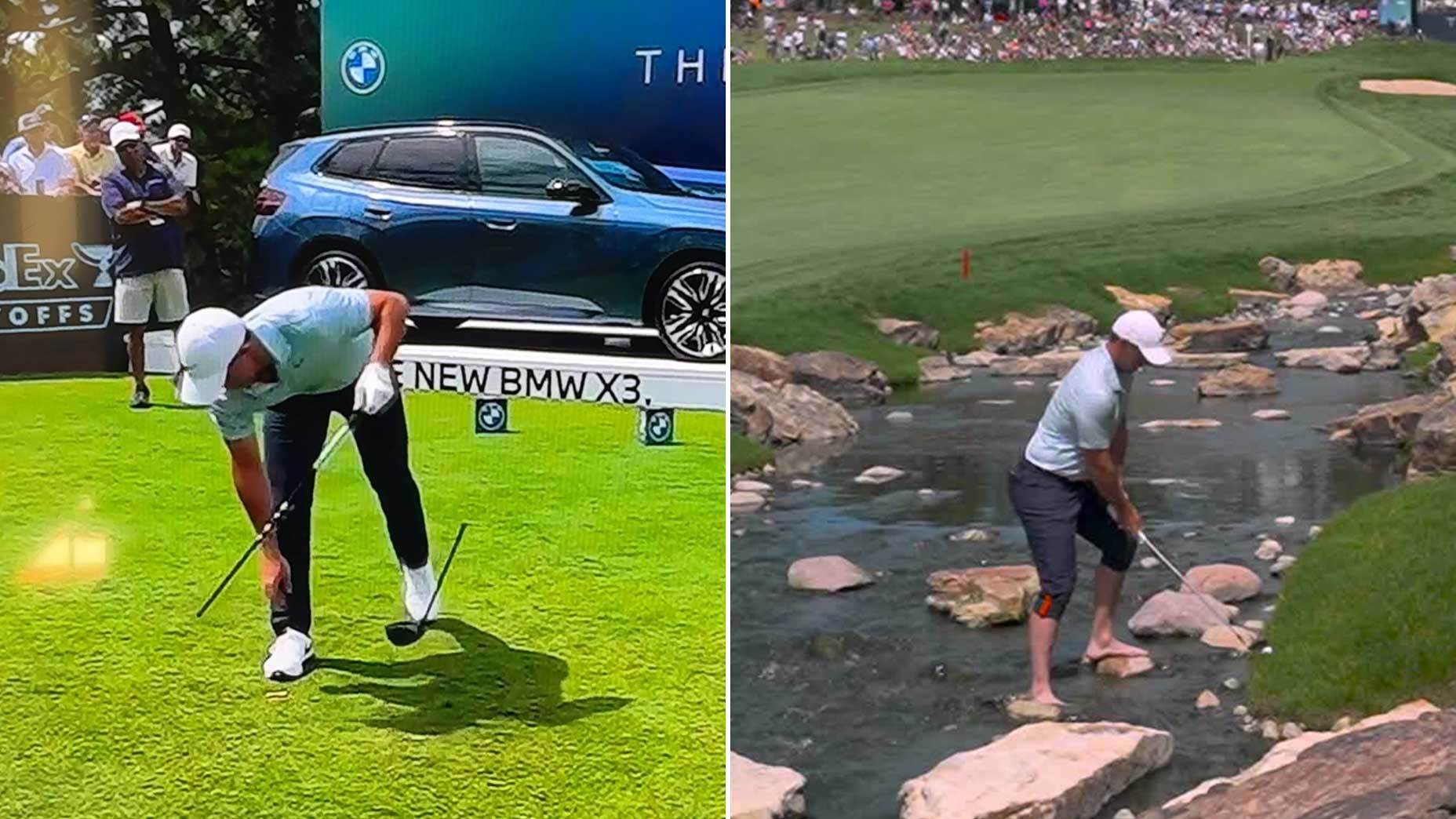 Rory McIlroy snaps his driver then plays a shot from the water at the BMW Championship.