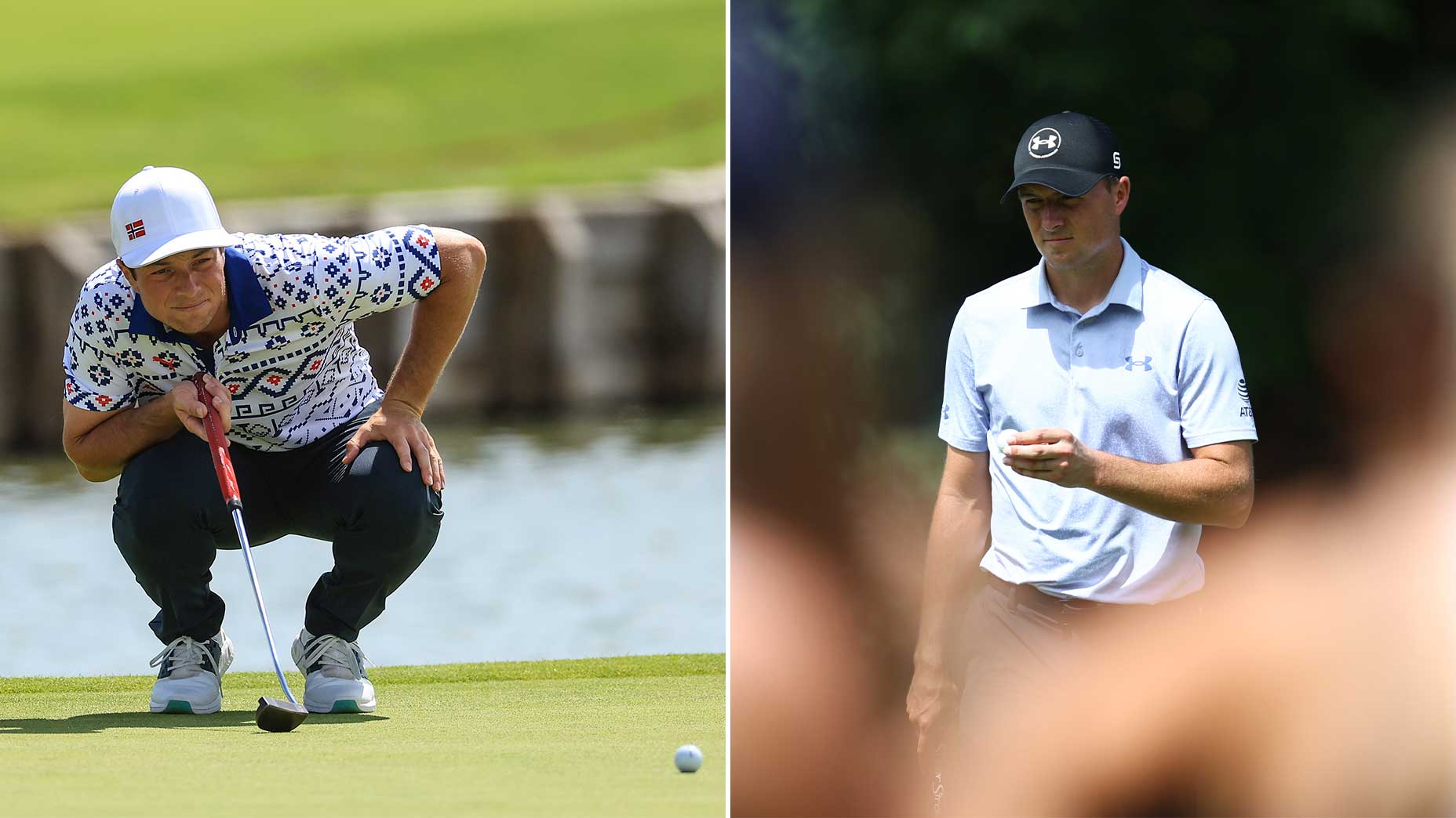 A separate photo of Viktor Hovland (L) and Jordan Spieth.