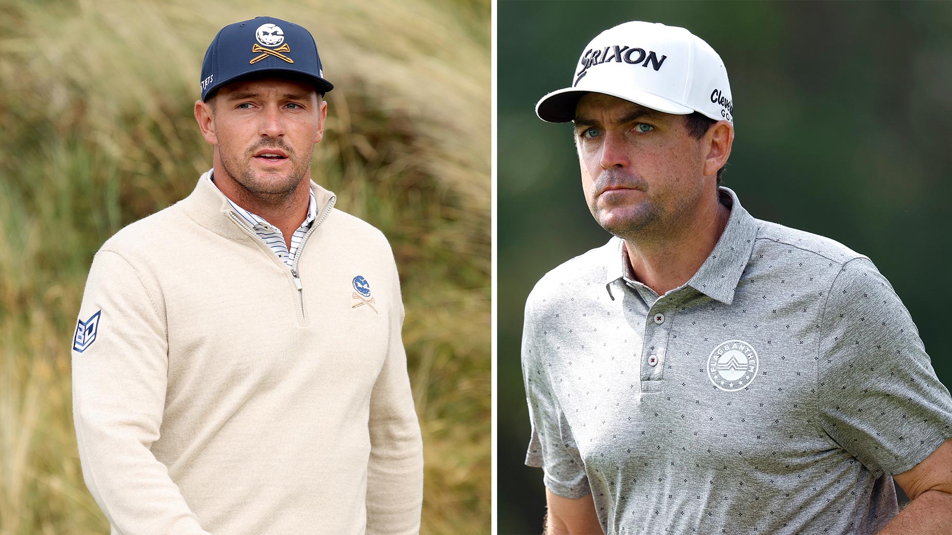 bryson dechambeau and keegan bradley both stare off into the distance separated by a white line