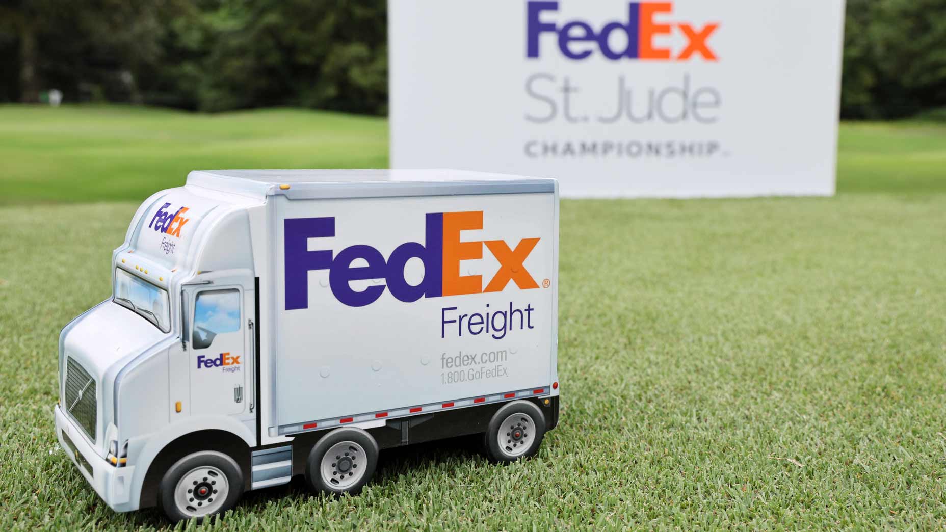 A FedEx St. Jude Championship tee markers in the form of a truck shown at tournament.