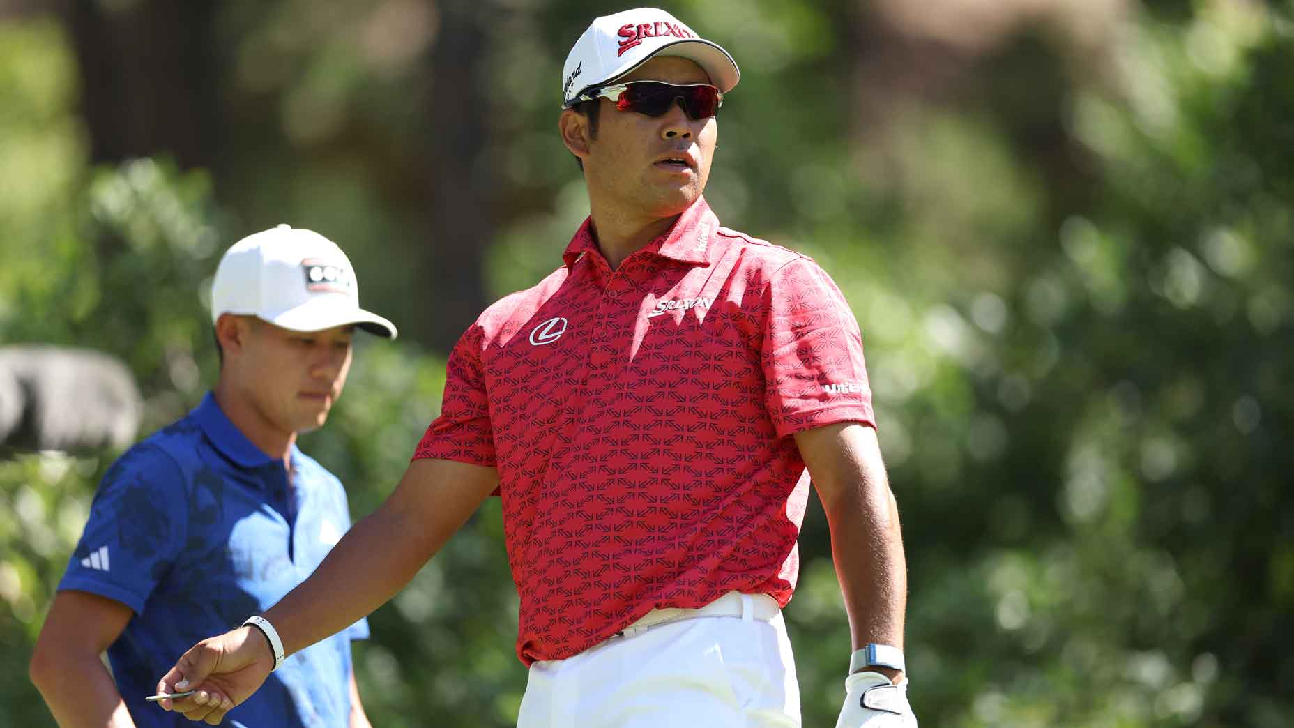 Hideki Matsuyama of Japan follows his shot from the second tee during the first round of the BMW Championship at Castle Pines Golf Club on August 22, 2024 in Castle Rock, Colorado.