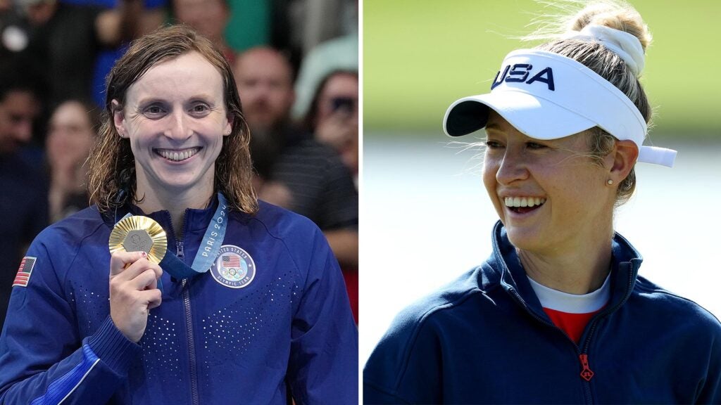 katie ledecky smiles separated by a photo of Nelly Korda laughing