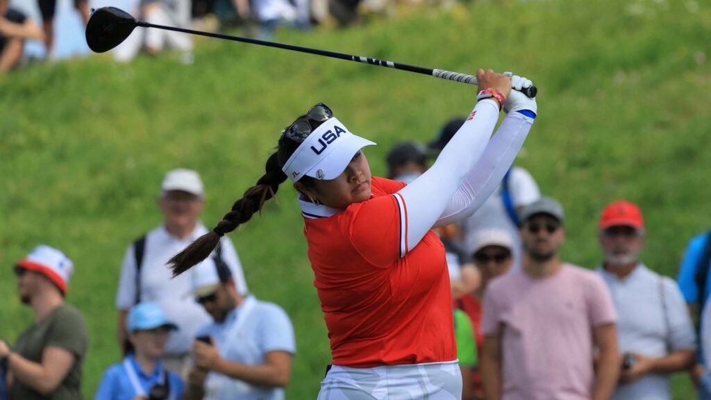 LPGA star Lilia Vu hits drive at 2024 Olympics Golf event in France.