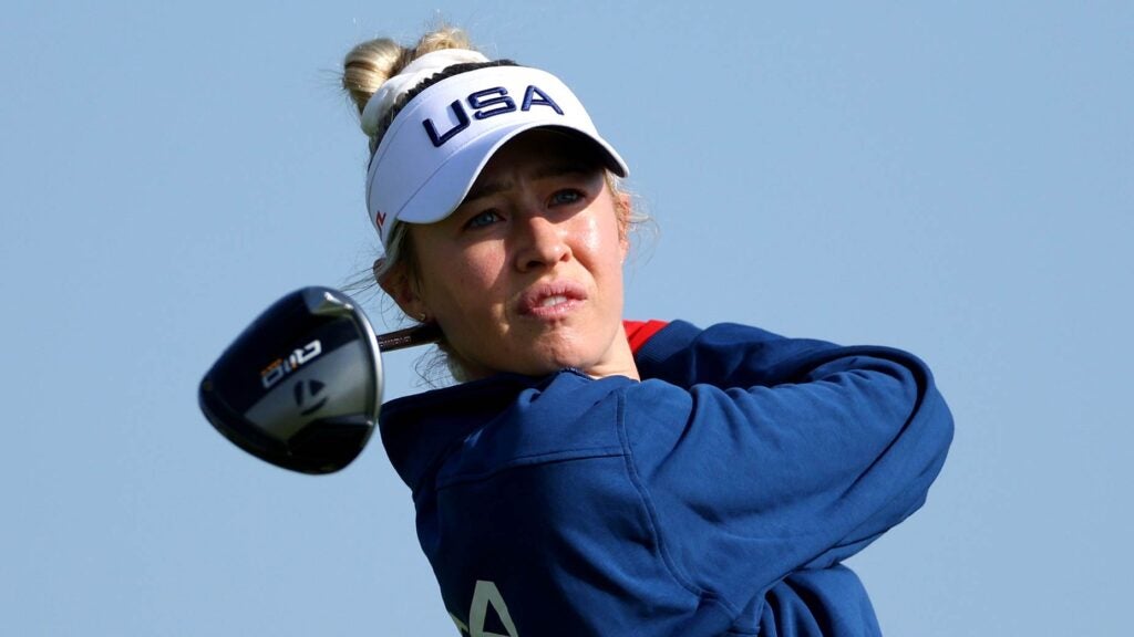 Nelly Korda hits drive during practice at 2024 Olympics at Le Golf National.