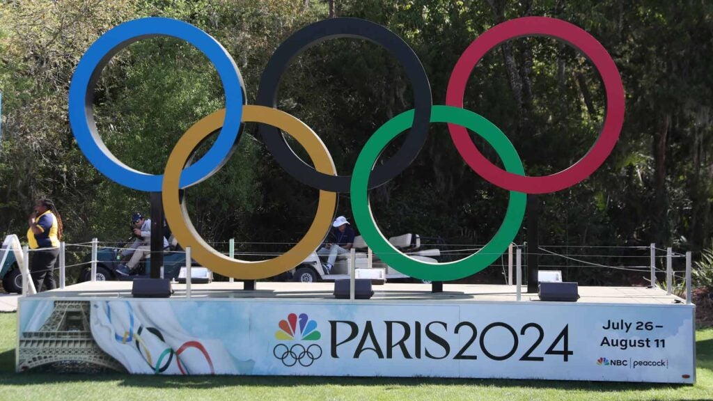 Olympic rings for Olympic golf event displayed on golf course