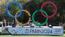 Olympic rings for Olympic golf event displayed on golf course