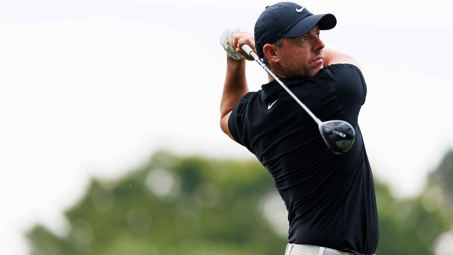 Rory McIlroy of Northern Ireland plays his shot on the 2nd tee prior to the FedEx St. Jude Championship at TPC Southwind on August 14, 2024 in Memphis, Tennessee.