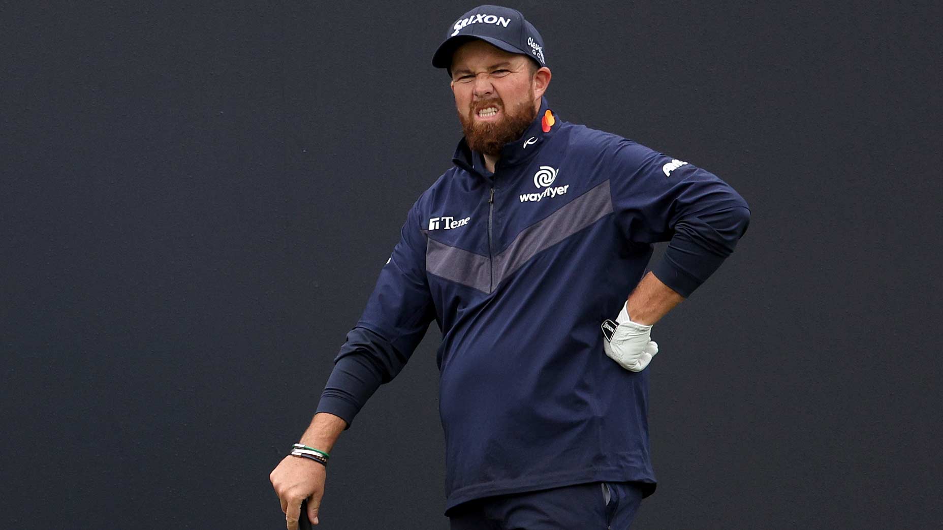 Professional golfer Shane Lowry reacts to the putting on the 18th green during the third day of The 2024 Open Championship.