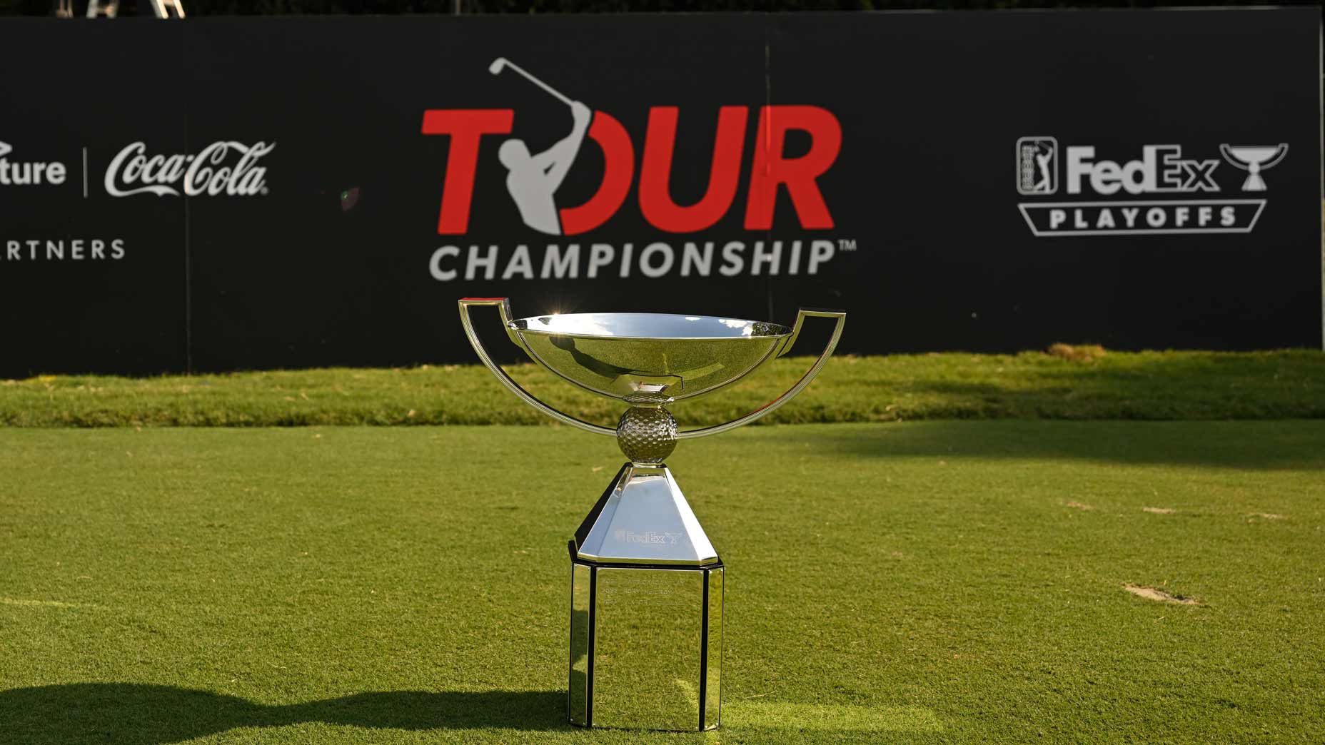 2024 FedEx Cup trophy sits on tee box at 2024 Tour Championship at East Lake.