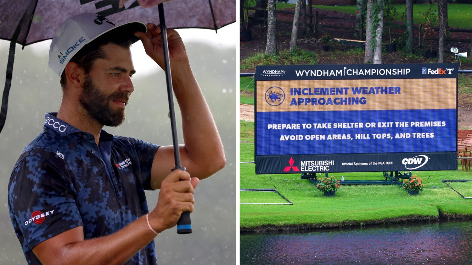 The scoreboard announces bad weather during practice ahead of the Wyndham Championship at Sedgefield Country Club