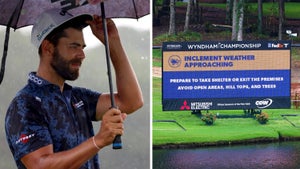 The leaderboard announces inclement weather during practice before the Wyndham Championship at Sedgefield Country Clu