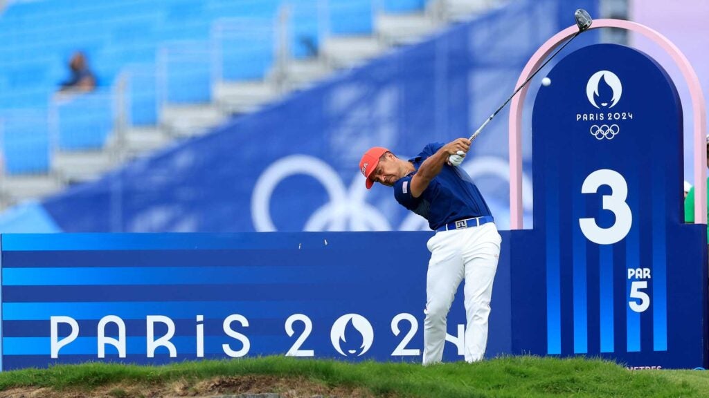 Pro golfer Xander Schauffele hits a tee shot on Saturday at the 2024 Olympic Games