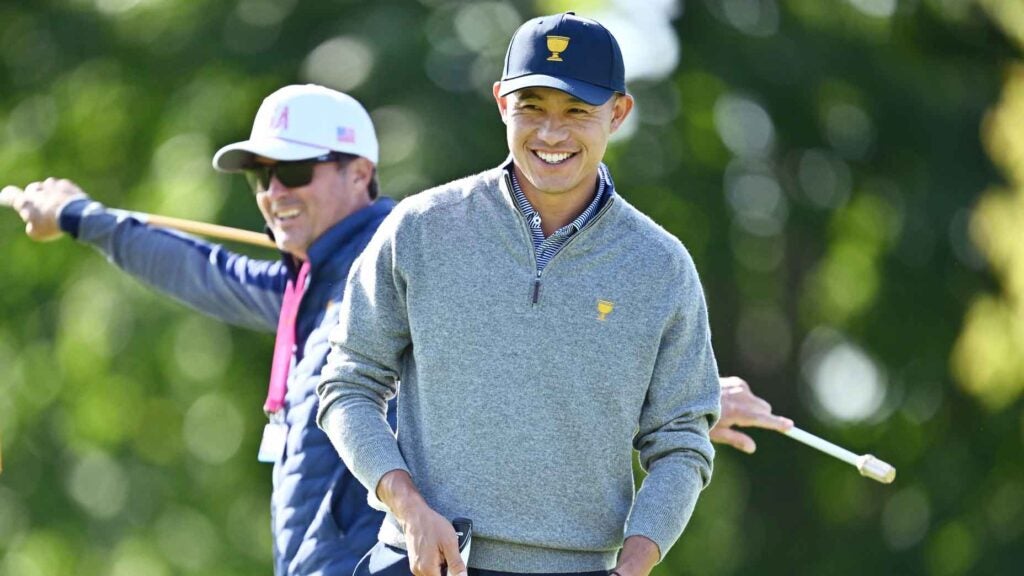 Collin Morikawa of the U.S. Team looks on prior to the 2024 Presidents Cup at The Royal Montreal Golf Club on September 24, 2024 in Montreal, Quebec, Canada.