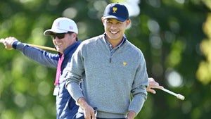 Collin Morikawa of the U.S. Team looks on prior to the 2024 Presidents Cup at The Royal Montreal Golf Club on September 24, 2024 in Montreal, Quebec, Canada.