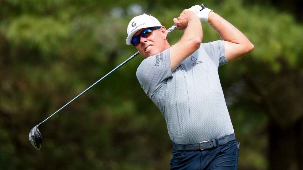 Justin Leonard hits a tee shot on the second hole during the first round of The Ally Challenge at Warwick Hills Golf And Country Club on August 23, 2024 in Grand Blanc, Michigan