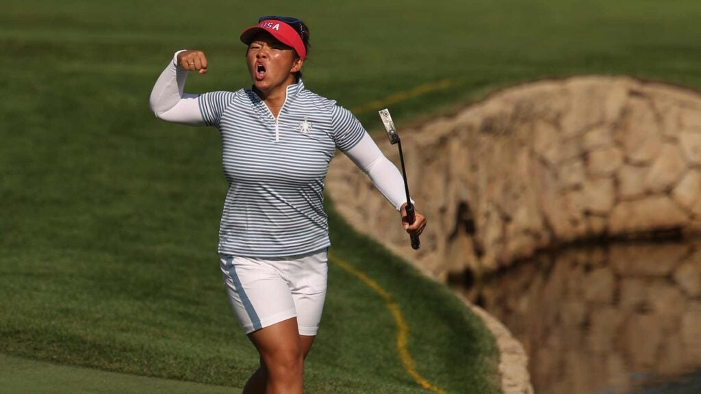 Megan Khang reacts to an eagle putt at the Solheim Cup.