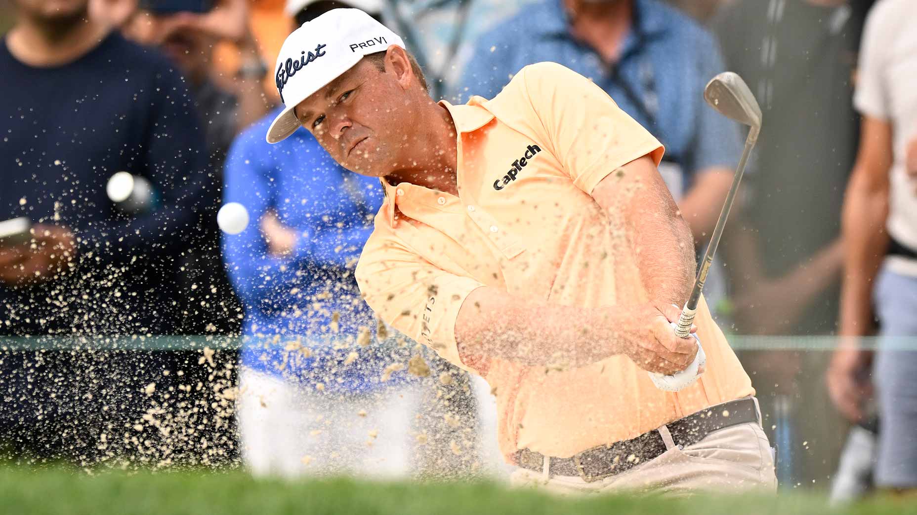 Patton Kizzire hits a bunker shot at the Procore Championship.