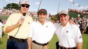 On-course announcers - Andy North, David Fehertey, and Peter Kostis during the 1998 Presidents Cup on December 11-13, 1998 at Royal Melbourne GC in Melbourne, Victoria, Australia.