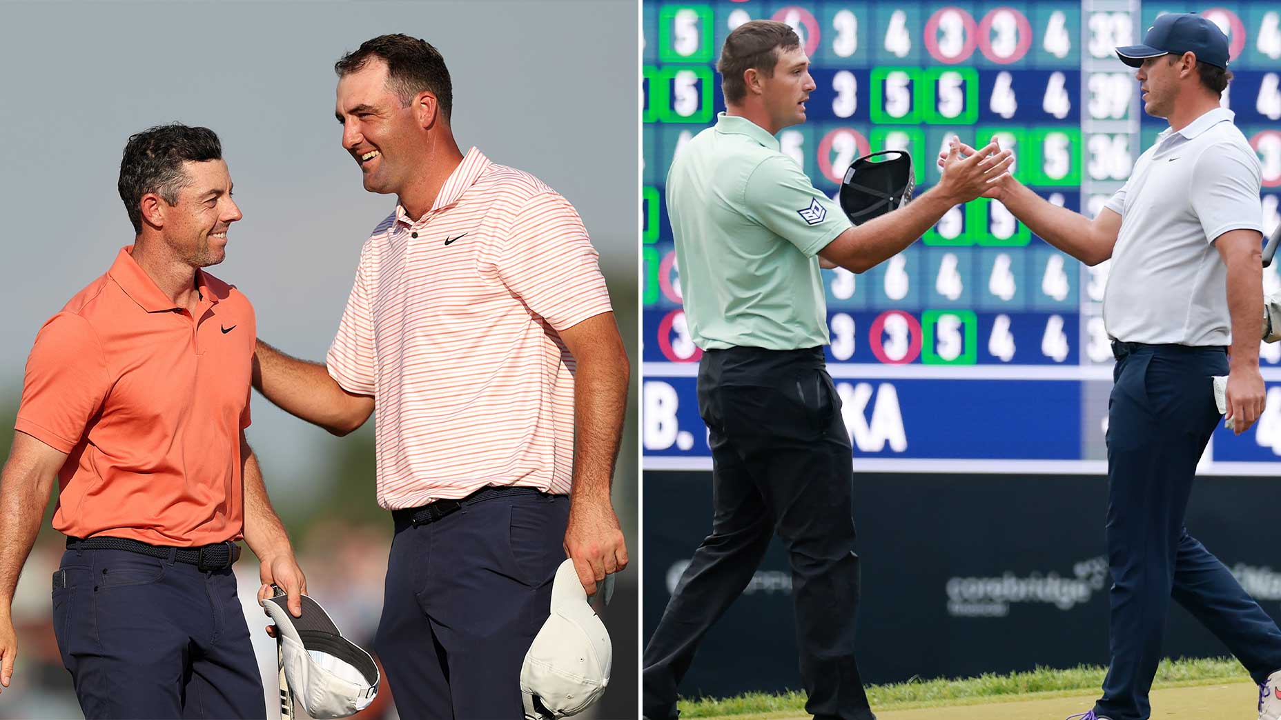 Scottie Scheffler and Rory McIlroy smile (L) and Brooks Koepka and Bryson DeChambeau shake hands.