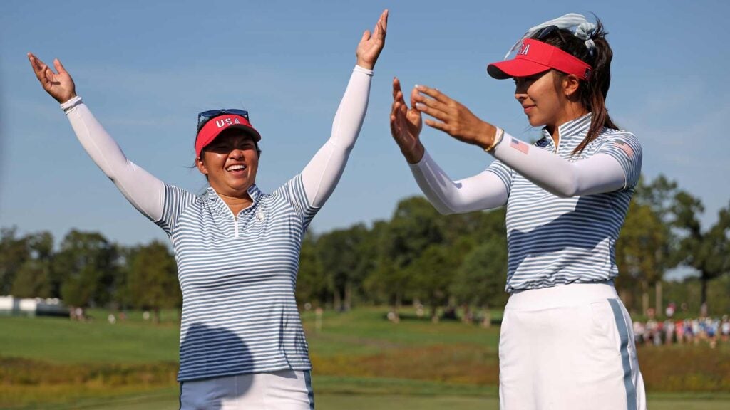 Megan Khang and Alison Lee celebrate at the Solheim Cup.