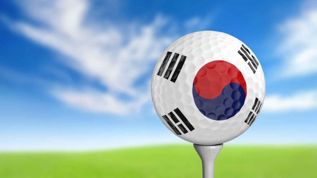 lose-up of a golf ball with the flag of South Korea realistically rendered in 3D.