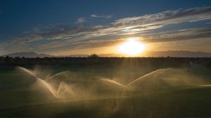 Evening irrigation at the ninth hole at Anthem Country Club in Henderson, Nevada on Monday, June 17, 2024.