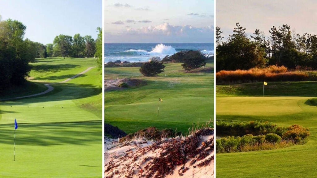 Split image of three golf courses among america's best courses for $100 or less