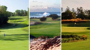 Split image of three golf courses among america's best courses for $100 or less