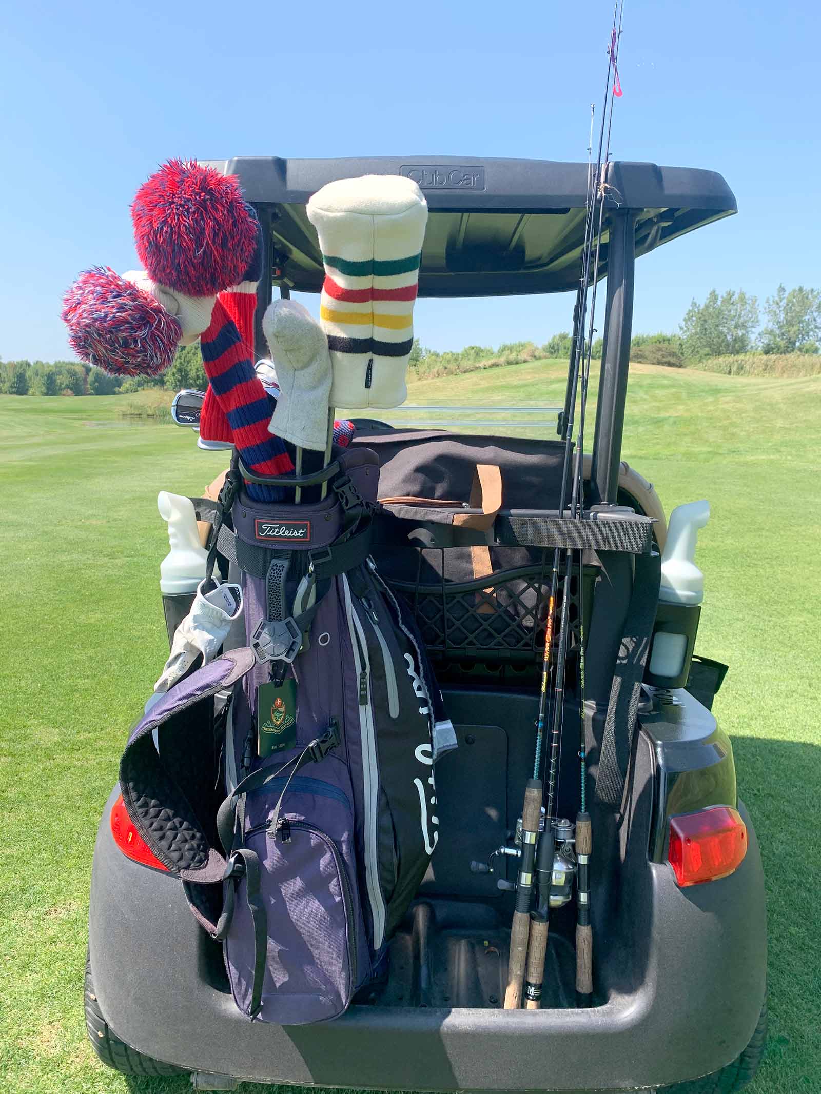 golf clubs and a fishing rod in a golf cart