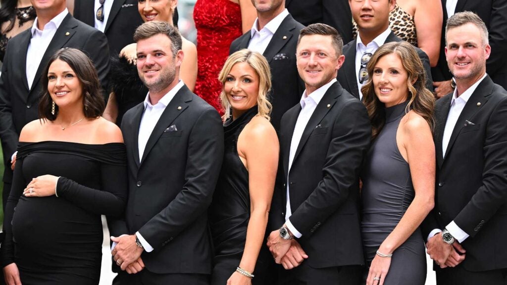 corey conners, taylor pendrith and mackenzie hughes smile at a gala event