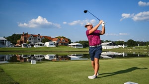 Brad dalke swings club in pink shirt