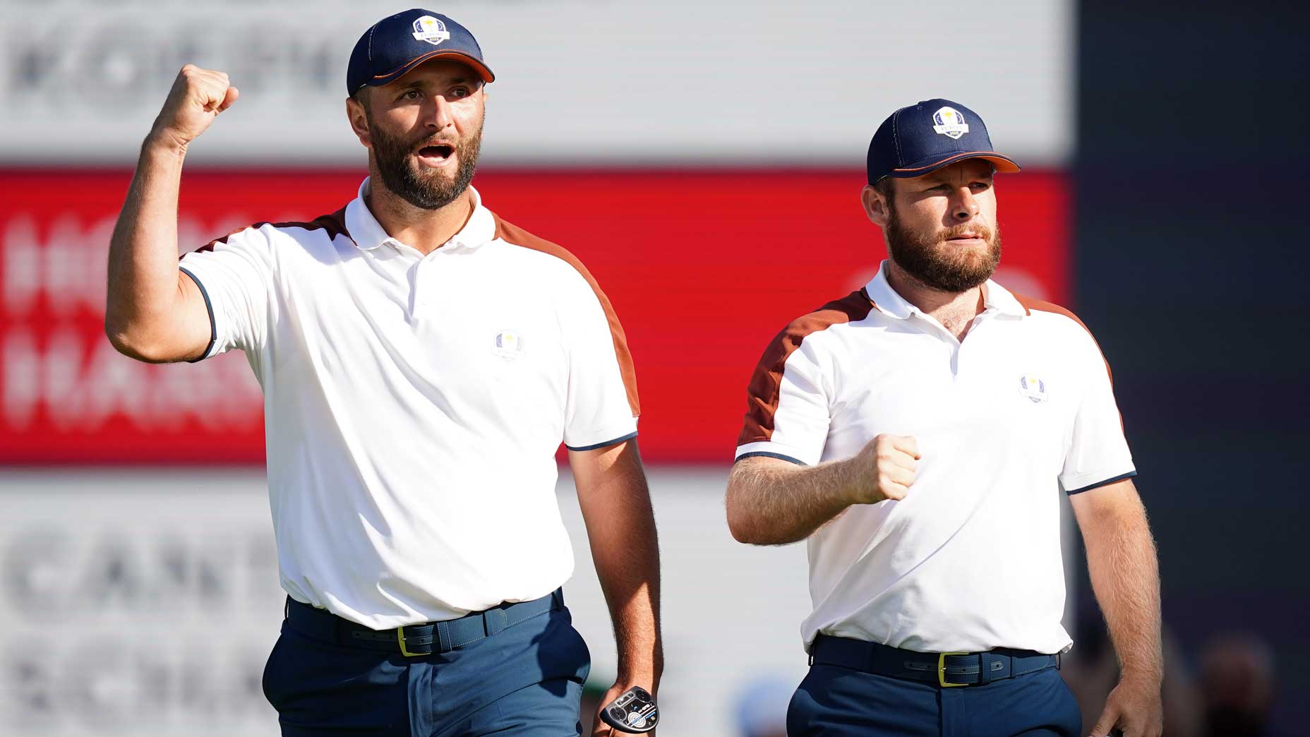 Top golfers Jon Rahm and Tyrrell Hatton tee off on the 6th during a four-over round on day two of the 2023 Ryder Cup at Marco Simone Golf and Country Club.